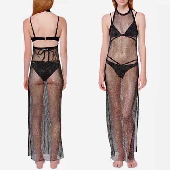 NWT Jonathan Simkhai Inaya Rhinestone Mesh Maxi Dress Black Coverup Beach Size M - Picture 13 of 14